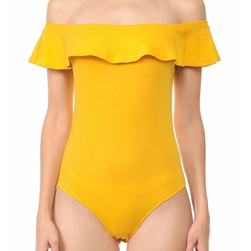73. Flounced off-the-shoulder bodysuit in Yellow
